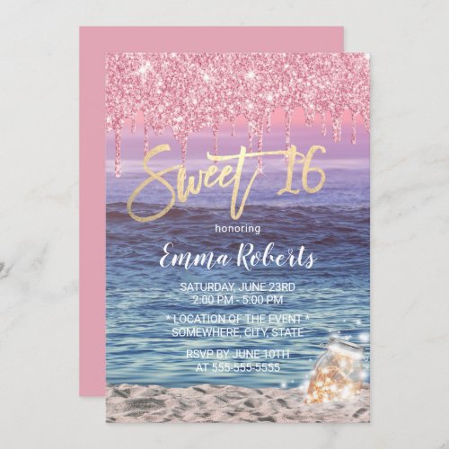 Sweet 16 Modern Pink Glitter Drips Tropical Beach Invitation