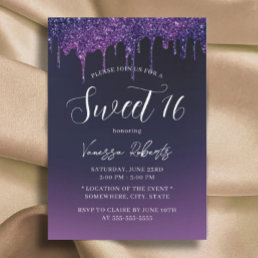 Sweet 16 Modern Purple Glitter Drips Girl Birthday Invitation