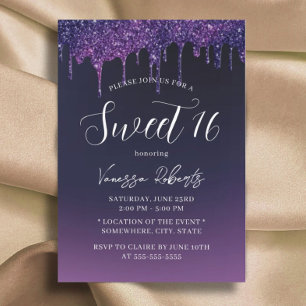 Sweet 16 Modern Purple Glitter Drips Girl Birthday Invitation