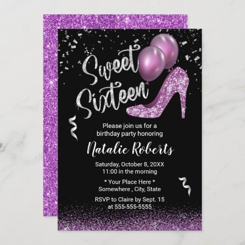 Sweet 16 Modern Purple Glitter Girl 16th Birthday Invitation