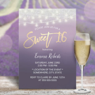 Sweet 16 Modern Purple Ombre Silver Glitter Invitation