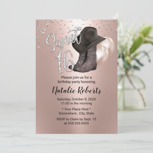 Sweet 16 Modern Rose Gold Cowgirl 16th Birthday Invitation