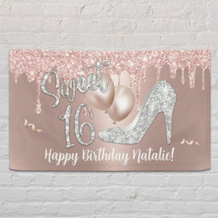 Sweet 16 Modern Rose Gold Drips 16th Birthday Banner