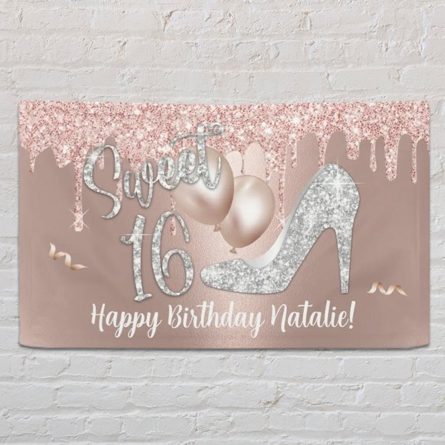 Sweet 16 Modern Rose Gold Drips 16th Birthday  Banner (Creator Uploaded)