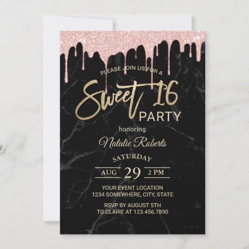 Sweet 16 Modern Rose Gold Drips Black Marble Invitation