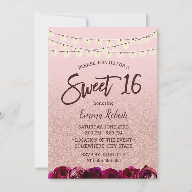 Sweet 16 Modern Rose Gold Floral String Lights Invitation (Front)