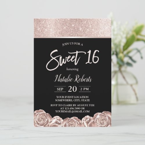 Sweet 16 Modern Rose Gold Flowers Elegant Black  Invitation