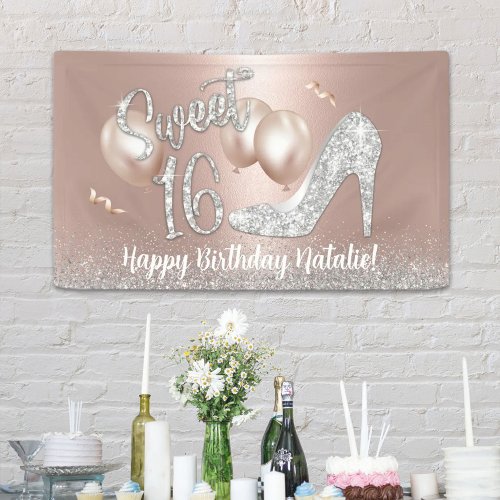 Sweet 16 Modern Rose Gold Girl 16th Birthday  Banner