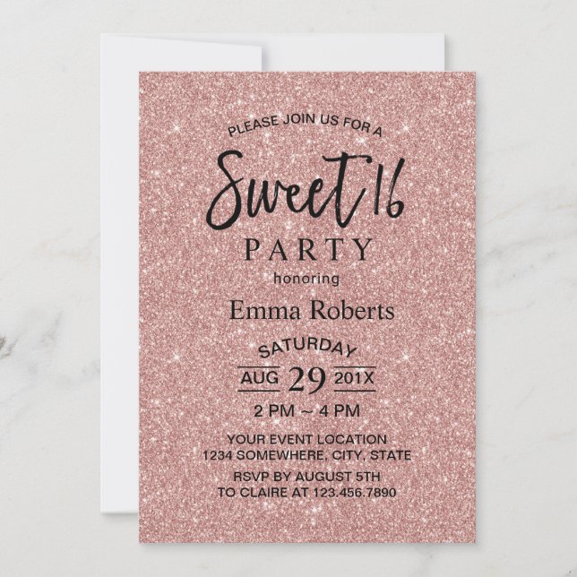 Sweet 16 Modern Rose Gold Glitter Birthday Invitation (Front)