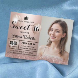 Sweet 16 Modern Rose Gold Glitter Photo Birthday Invitation