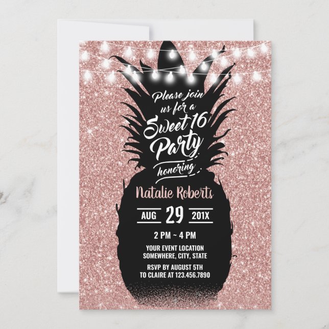 Sweet 16 Modern Rose Gold Glitter Pineapple Invitation (Front)