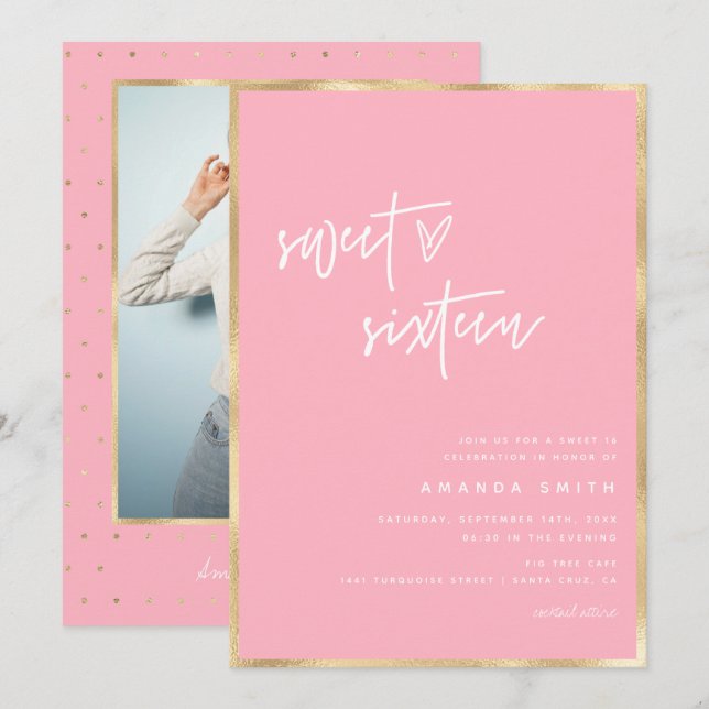 Sweet 16 Modern Script Gold Blush Pink Birthday Invitation (Front/Back)