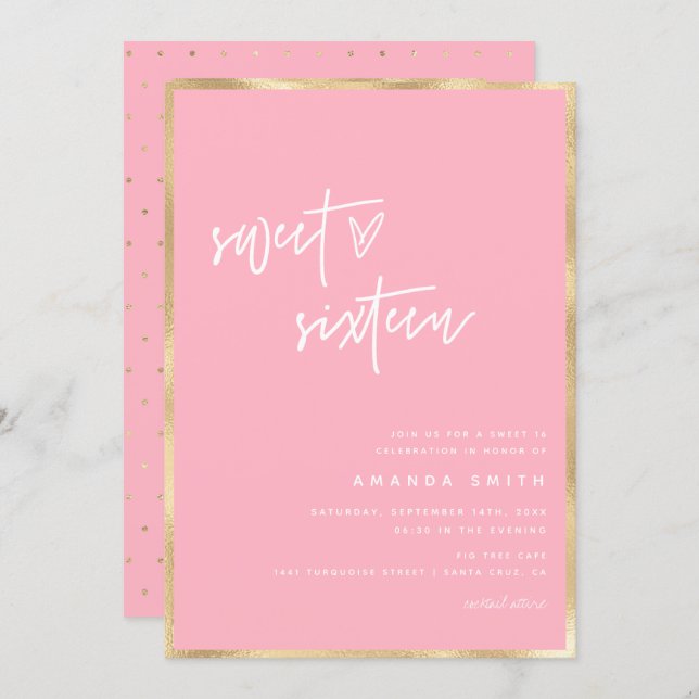 Sweet 16 Modern Script Gold Blush Pink Birthday Invitation (Front/Back)