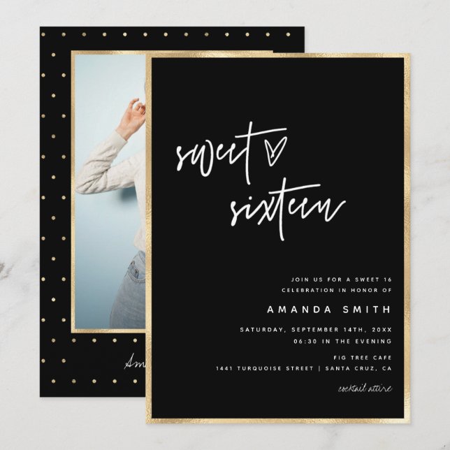 Sweet 16 Modern Script Gold Foil Black Birthday  Invitation (Front/Back)