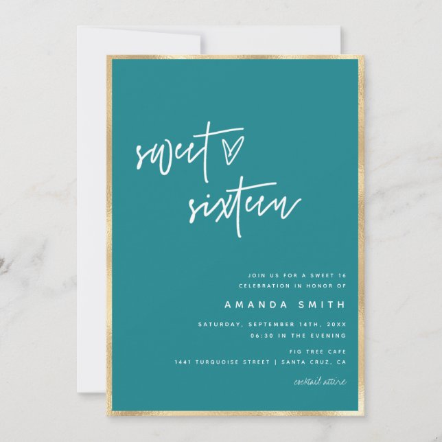 Sweet 16 Modern Script Gold Foil Teal Birthday Invitation (Front)