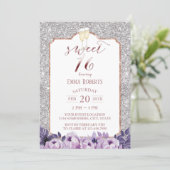 Sweet 16 Modern Silver Glitter Purple Floral Invitation (Standing Front)