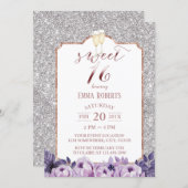 Sweet 16 Modern Silver Glitter Purple Floral Invitation (Front/Back)