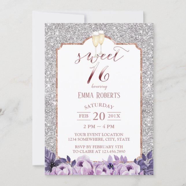 Sweet 16 Modern Silver Glitter Purple Floral Invitation (Front)