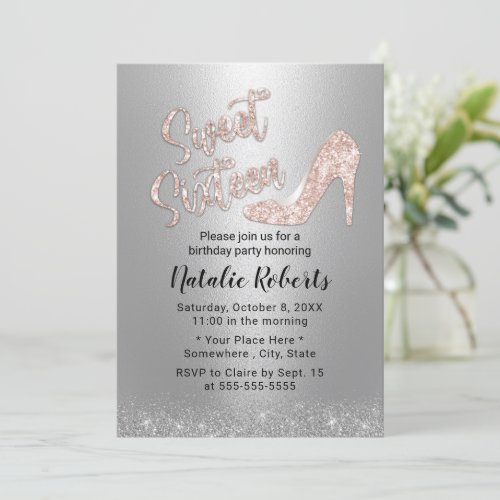 Sweet 16 Modern Silver Rose Gold High Heel Invitation