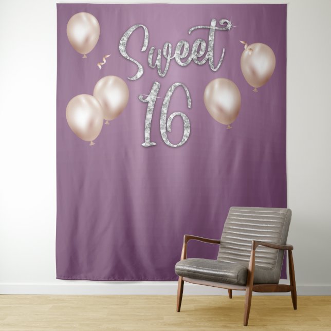 Sweet 16 Modern Silver Typography Purple Backdrops (In Situ)