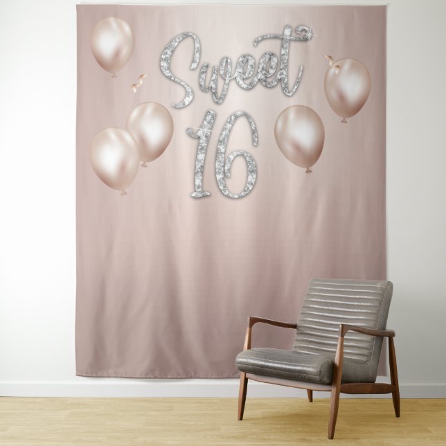 Sweet 16 Modern Silver Typography Rose Gold Tapestry (In Situ)