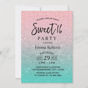 Sweet 16 Modern Teal Pink Silver Glitter Birthday Invitation