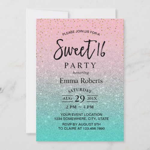 Sweet 16 Modern Teal Pink Silver Glitter Birthday Invitation