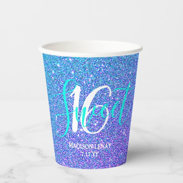 Sweet 16 Modern Teal Purple Glitter Personalized Paper Cups (Front)
