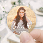Sweet 16 Modern Trendy Script and Photo Thank You Classic Round Sticker<br><div class="desc">Add a personalized finishing touch to Sweet 16 party favors, invitations and thank you notes with custom photo round stickers / envelope seals. The picture and all wording on this template are simple to customize. (IMAGE PLACEMENT TIP: An easy way to position a photo exactly how you want is to...</div>