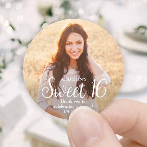 Sweet 16 Modern Trendy Script and Photo Thank You Classic Round Sticker