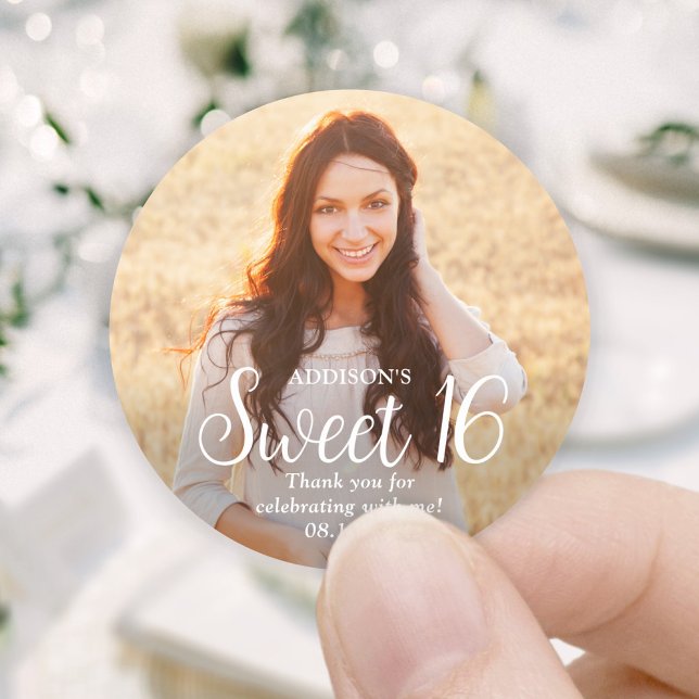 Sweet 16 Modern Trendy Script and Photo Thank You Classic Round Sticker (Creator Uploaded)