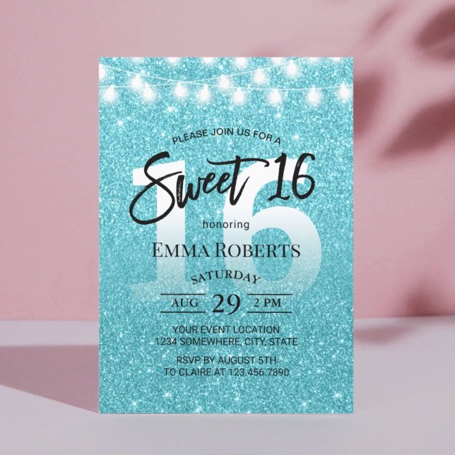 Sweet 16 Modern Turquoise Glitter Girl Birthday Invitation