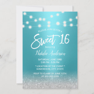 Sweet 16 Modern Turquoise & Silver Glitter Invitation