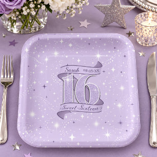Sweet 16 Motif & Star Pattern Violet ID1333 Paper Plates