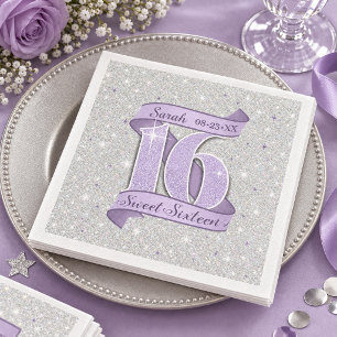 Sweet 16 Motif & Star Pattern Violet Silver ID1333 Paper Dinner Napkins