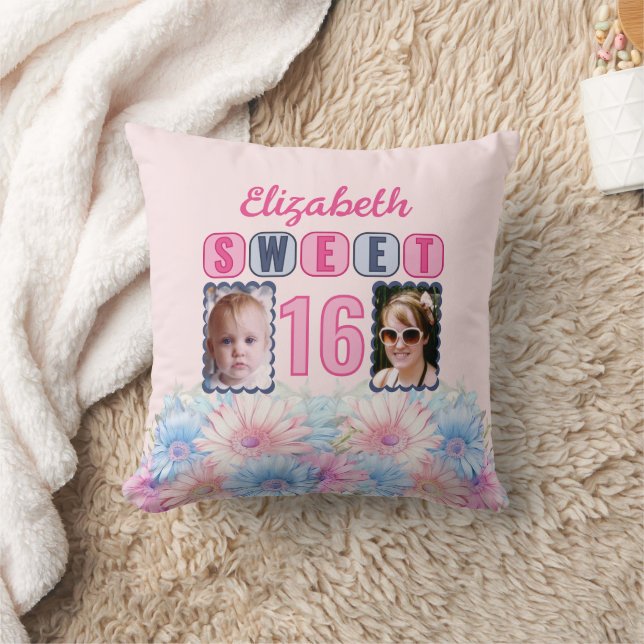 Sweet 16 name 2 photos gerbera flowers pink throw pillow (Blanket)
