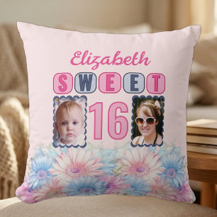 Sweet 16 name 2 photos gerbera flowers pink throw pillow