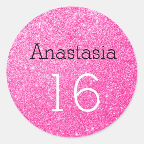 Sweet 16 Name Age Black  Hot Pink Glitter Sparkle Classic Round Sticker