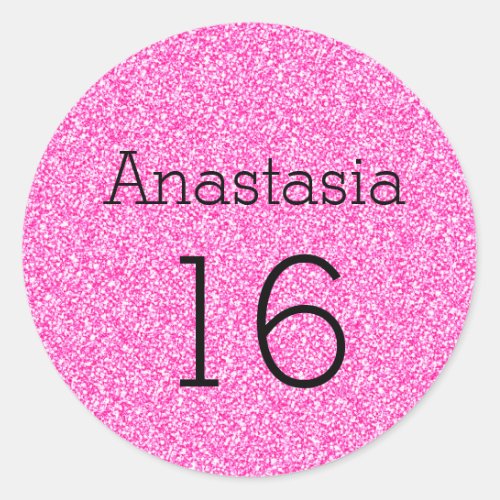 Sweet 16 Name Age Black  Hot Pink Glitter Sparkle Classic Round Sticker