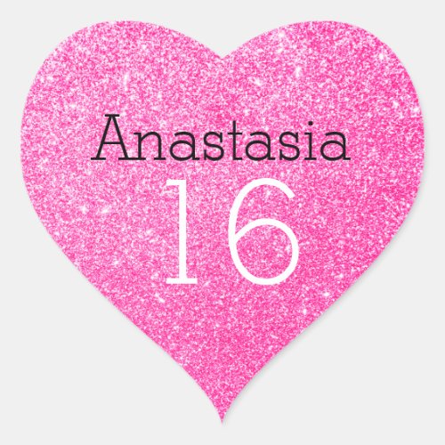 Sweet 16 Name Age Black  Hot Pink Glitter Sparkle Heart Sticker