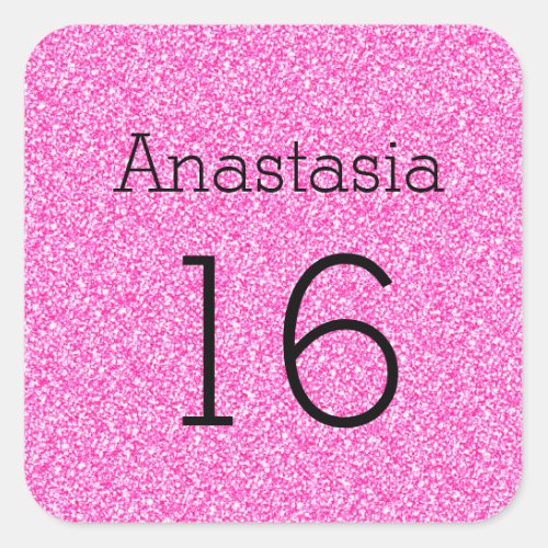 Sweet 16 Name Age Black  Hot Pink Glitter Sparkle Square Sticker