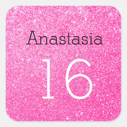 Sweet 16 Name Age Black  Hot Pink Glitter Sparkle Square Sticker