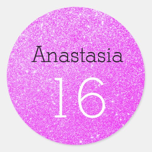Sweet 16 Name Age Black  Purple Glitter Sparkles Classic Round Sticker