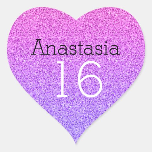 Sweet 16 Name Age Ombre Purple Glitter Sparkles Heart Sticker