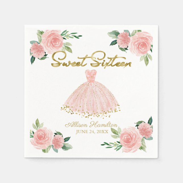 Sweet 16 Napkins Blush Gown Pink Floral (Front)
