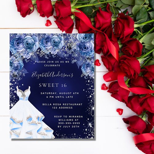 Sweet 16 navy blue dress floral budget invitation flyer