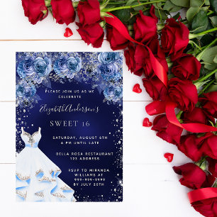 Sweet 16 navy blue dress glitter floral party invitation