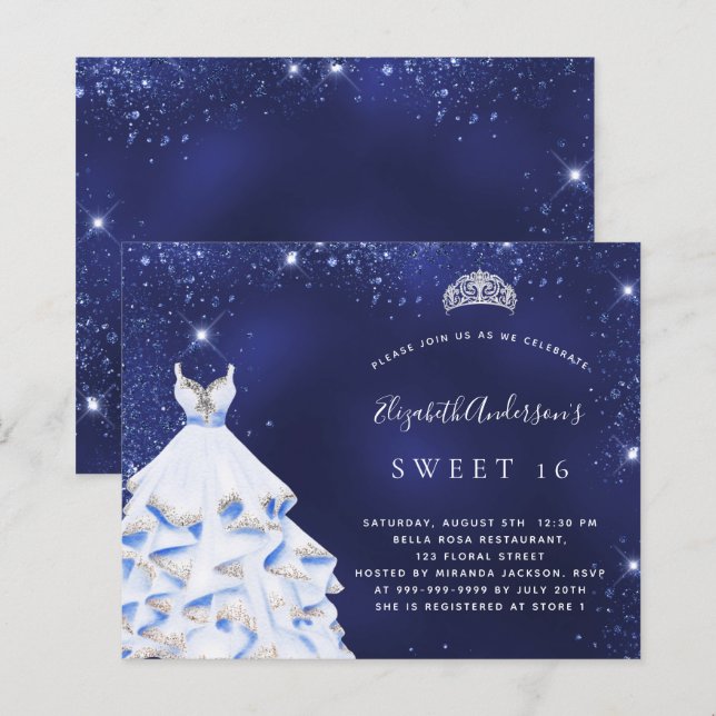 Sweet 16 navy blue dress tiara budget invitation (Front/Back)