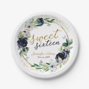 Sweet 16 Navy Blue Floral Butterfly Paper Plates