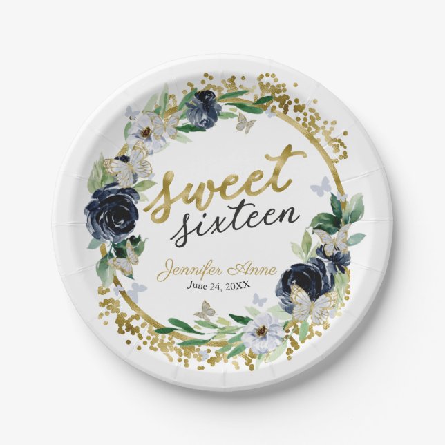 Sweet 16 Navy Blue Floral Butterfly Paper Plates (Front)